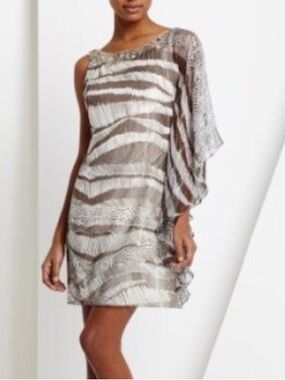 BCBGMaxAzria COCOA One-Shoulder Zebra-Print Shift Dress U Embellish Neck Size 8